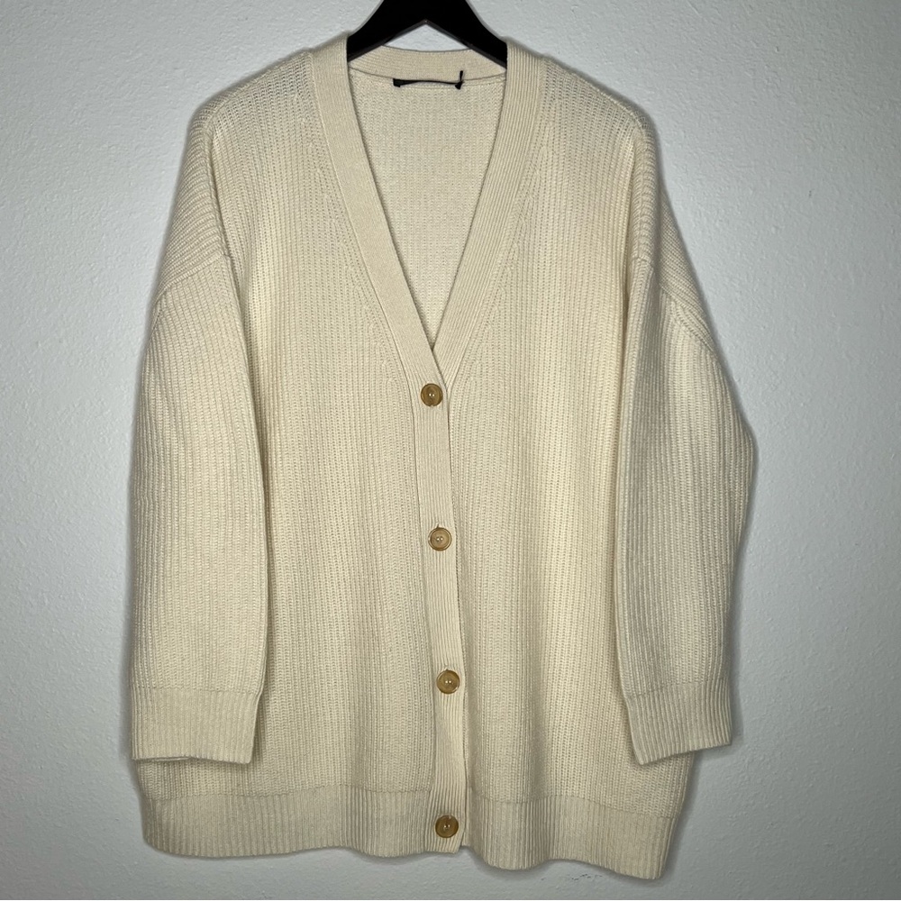 Jenni Kayne Cashmere Cocoon Cardigan Ivory Rib Knit V-Neck long Sleeve XL Cozy